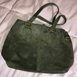 Suede leather handbag w strap & zipper pouches.